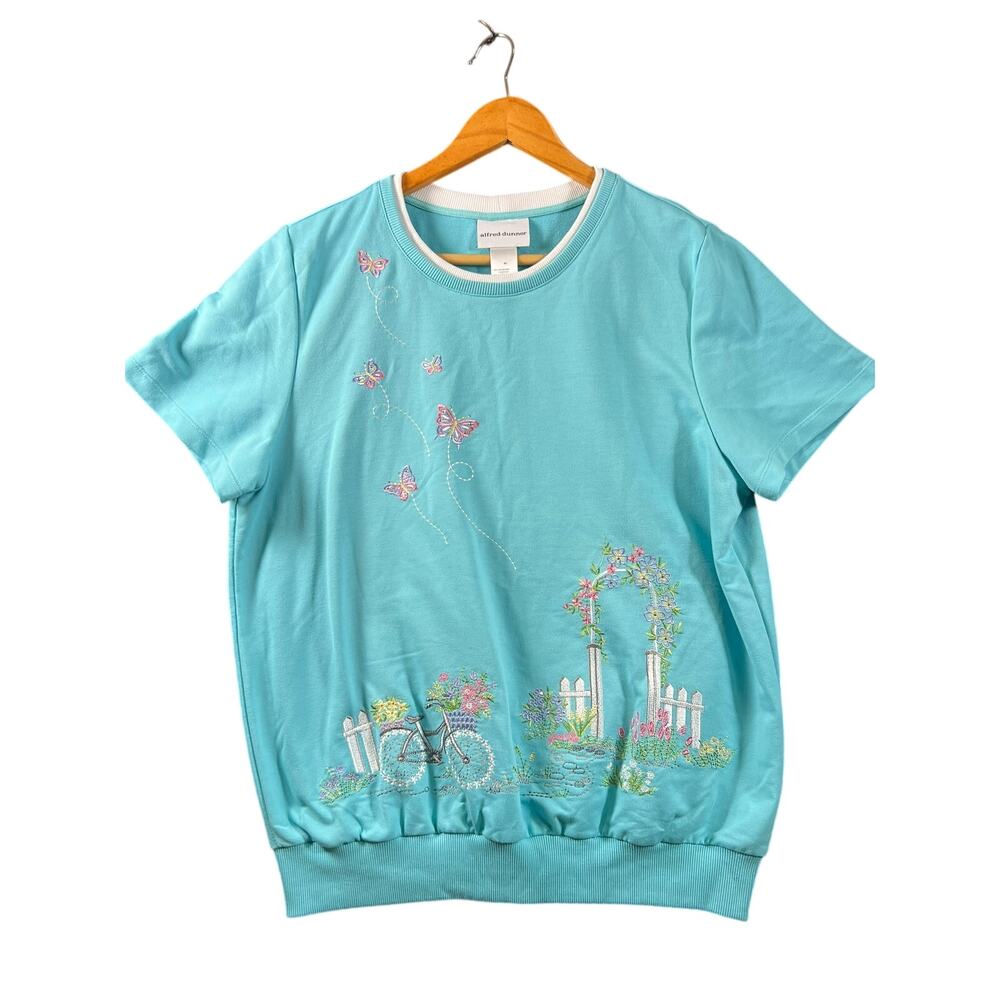 Alfred Dunner Women’s M Blue Bike Trellis Floral Embroidered Top Short Sleeve